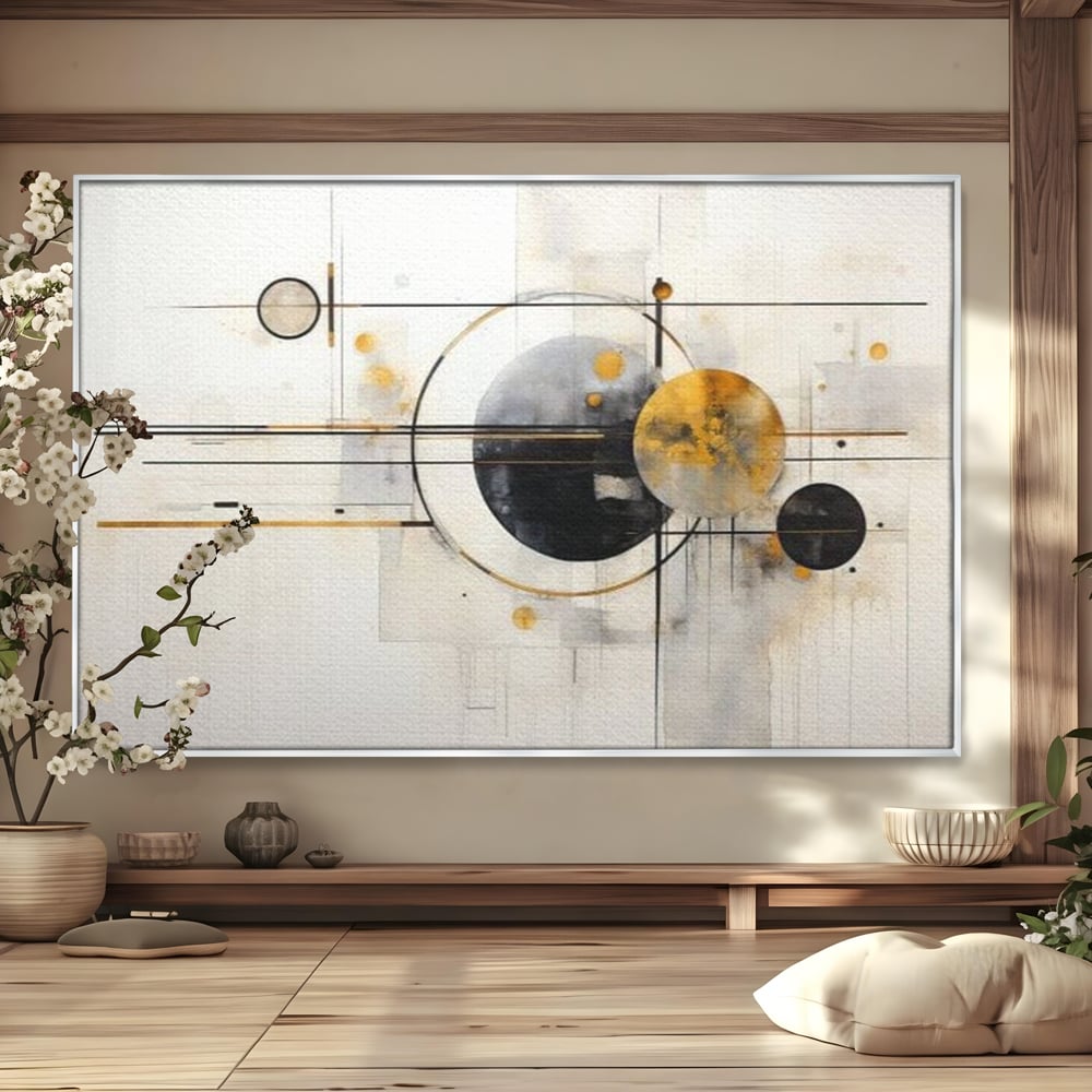 Tablou canvas cu pictura abstracta cu forme geometrice, in rama de aluminiu argintiu